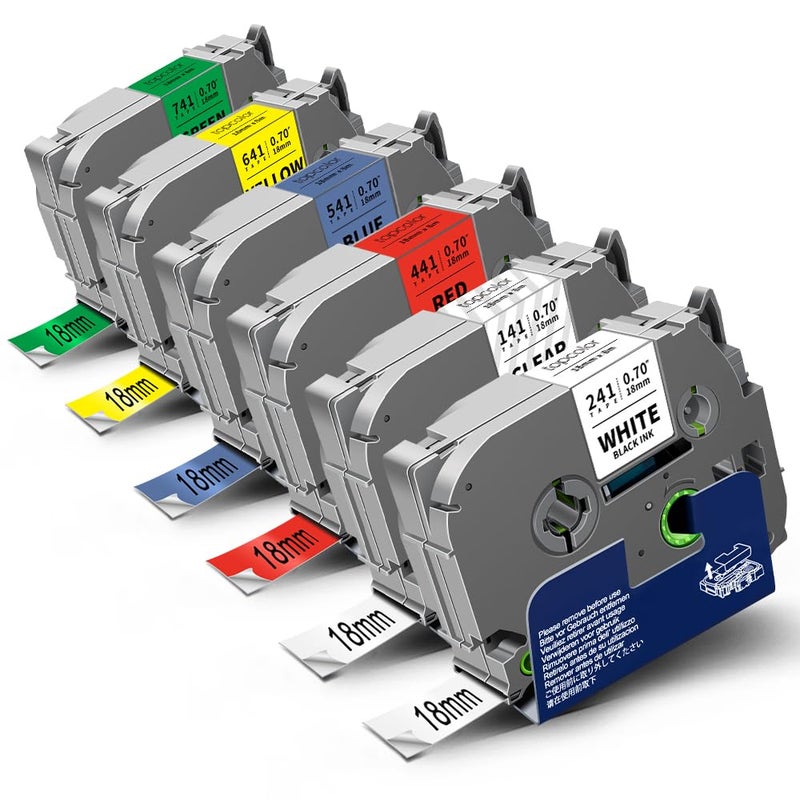 تور كولور شريط ملصقات مصفح من Topcolor 6 عبوات Tz 18 مم 0.7 بوصة متوافق مع Brother Tze-141 Tze-241 Tze-441 Tze-541 Tze-641 Tze-741 P Touch Tze 3/4 بوصة لشريط PTD410 PTD400 PTD610BT PTD600 PTP750W PTP710BT - Image 1